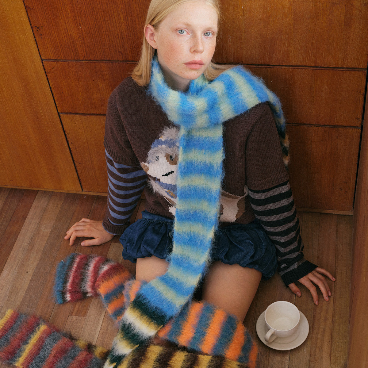 Contrast-color Striped Knit Women's Narrow Soft And Fluffy Wool Scarf