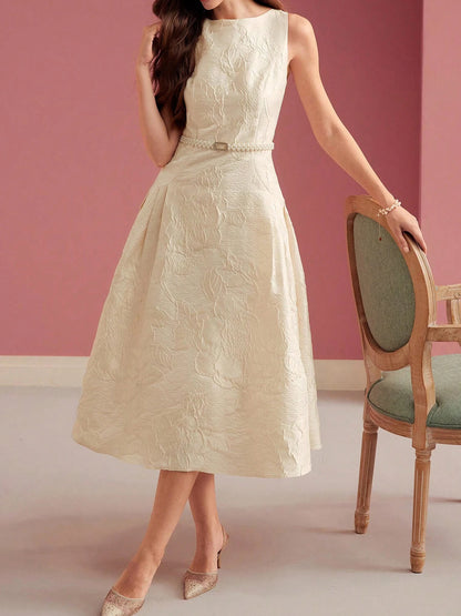 Elegant Jacquard Sleeveless Midi Dress