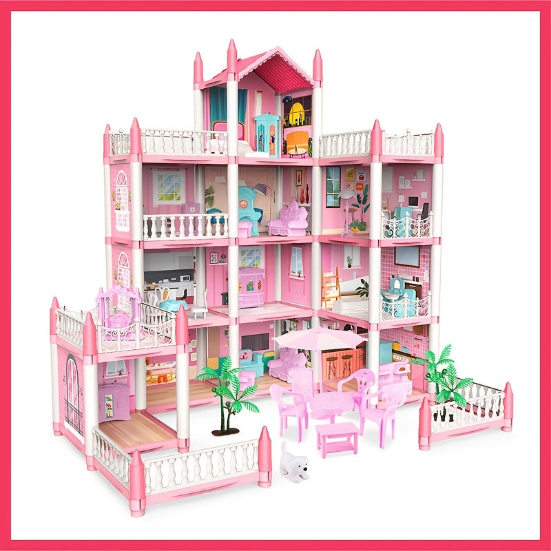 Pink Dollhouse for Girls - 11 Room DIY Pretend Play Toy House with Furniture