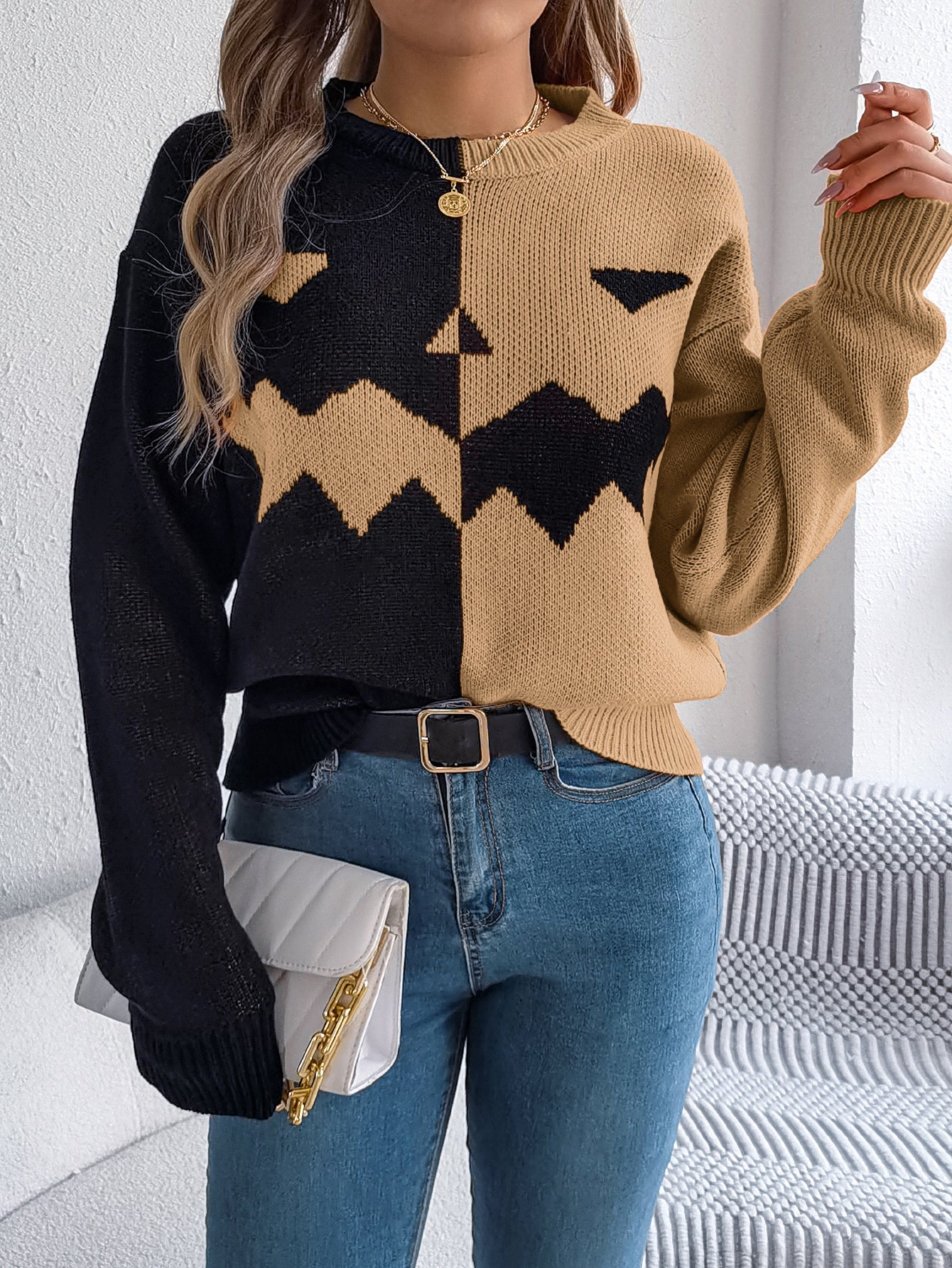 Women Ghost Pumpkin Color Block Long Sleeve Pullover Sweater
