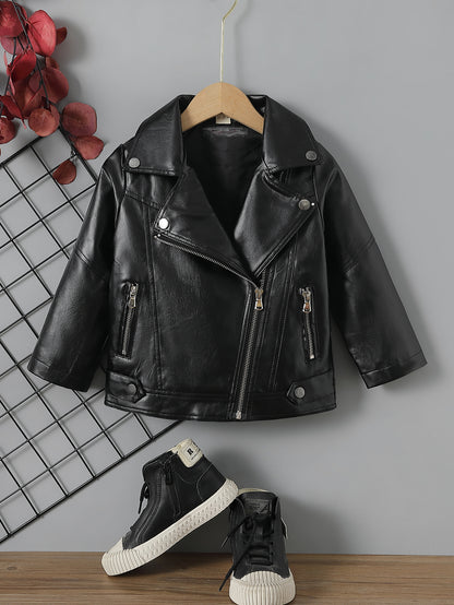 Children's Lapel PU Leather Jacket Zipper Coat Top For Girls And Boys Kids Clothes