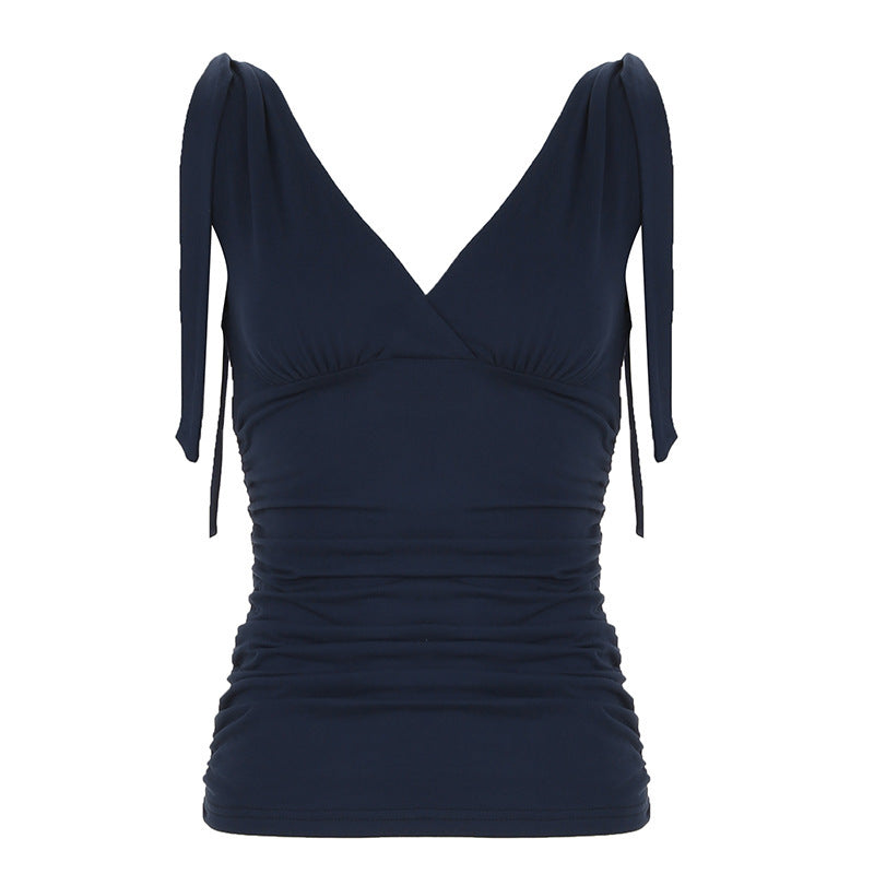 Deep V-neck Strap Pleated Bust Vest Spicy Girl-style Vintage Versatile Figure-hugging Top