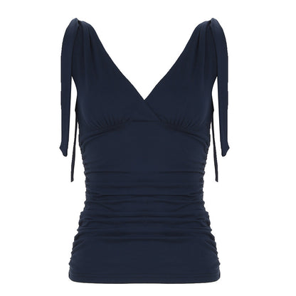 Deep V-neck Strap Pleated Bust Vest Spicy Girl-style Vintage Versatile Figure-hugging Top