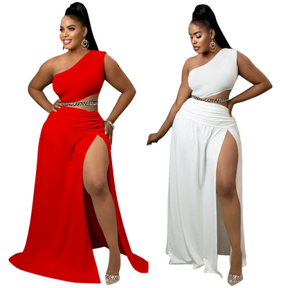 Solid-color Off-the-shoulder Sexy Bodycon Two-piece Set
