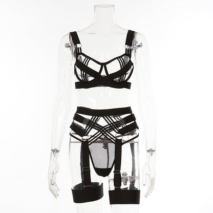 Black Hollowed-out Lingerie Set With Straps For Women