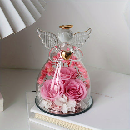 Eternal Red Roses in Glass Dome, 10.21cm x 7.49cm, Angel Statue with Red Roses, Romantic Valentine's Day, Christmas, Thanksgiving, Mother's Day, Graduation Gift, Love, Forever Flower Display, Home Decor