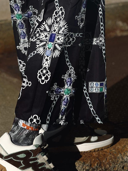Black Cross Print Plaid Patchwork Wide-Leg Pants