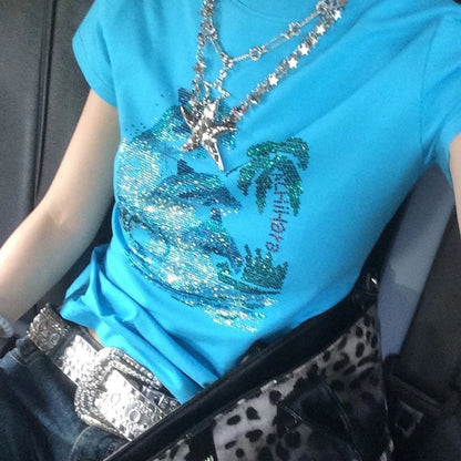 Blue Slim-fit Short-sleeve T-shirt Women's Summer Base Top