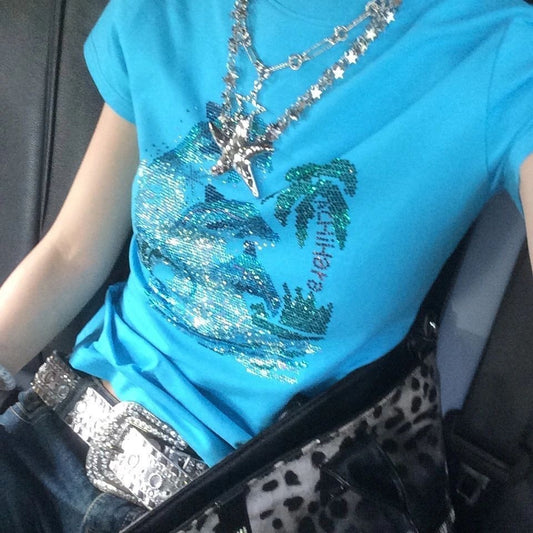 Blue Slim-fit Short-sleeve T-shirt Women's Summer Base Top