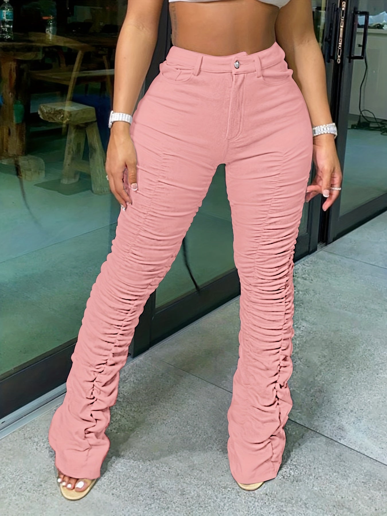 HY5159 Women's High-Waisted Stretchy Ruched Pants - Light Grey Casual Tapered Leggings with 95% Polyester 5% Elastane, Machine Washable All-Season Comfort