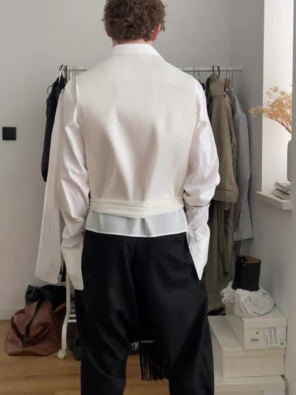 Solid Color Tassel Belt Vest & Long Sleeve Shirt Two-Piece Set