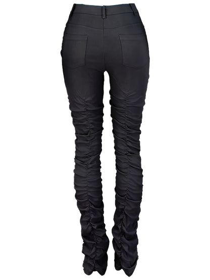 HY5159 Women's High-Waisted Stretchy Ruched Pants - Light Grey Casual Tapered Leggings with 95% Polyester 5% Elastane, Machine Washable All-Season Comfort