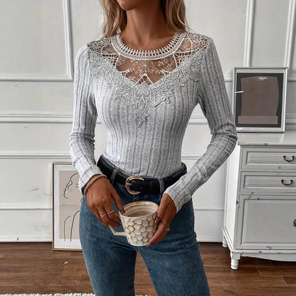 Women's New Arrival Fashionable Casual V-Neck Lace Long-Sleeve Top
