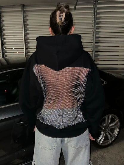 Casual Patchwork Mesh Diamond Hooded Sweatshirt