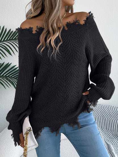 Hollow-out Long-sleeved Cut Off-the-shoulder Pullover Sweater