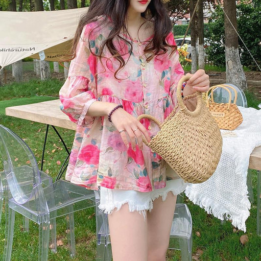 Doll-collar Top Summer New Arrival Loose-fit Vintage Puff-sleeve Blouse
