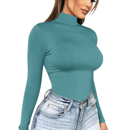 Women's Basic Solid Stretchy Long Sleeve Turtle Neck T-Shirt - Casual Everyday Top for Comfort and Style