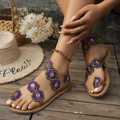 Bohemian Floral Flat Sandals for Women - Ethnic Summer Beach Shoes | Casual Vacation Footwear