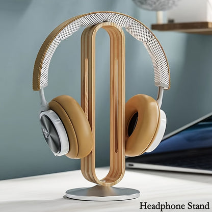 Wooden Headphone Stand with Metal Base, Desktop Headphone Holder, Bamboo Decorative Organizer, Natural Wood Display Rack