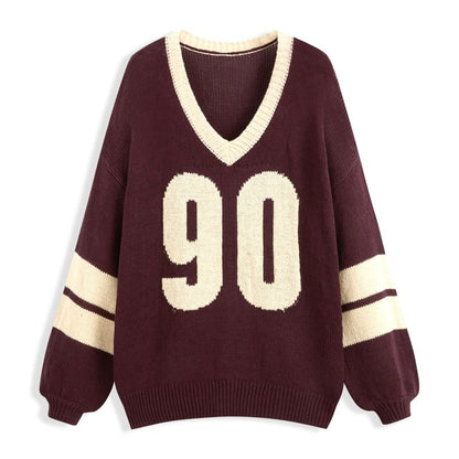 Loose Letter Sweater Top V-neck Sports Style
