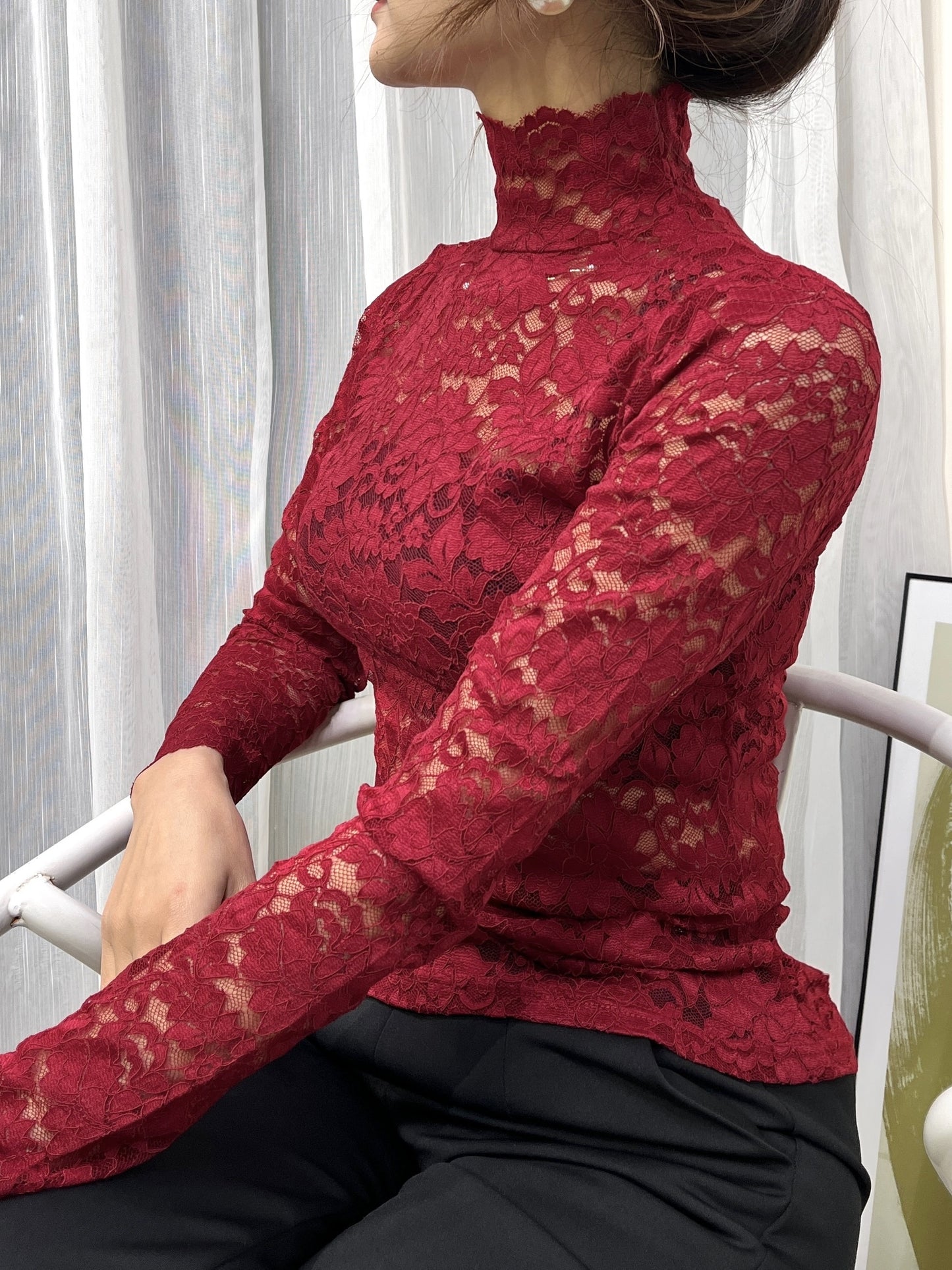 Slim Sexy Long Sleeve Lace Mock Neck Top - Women's Spring & Fall Clothing