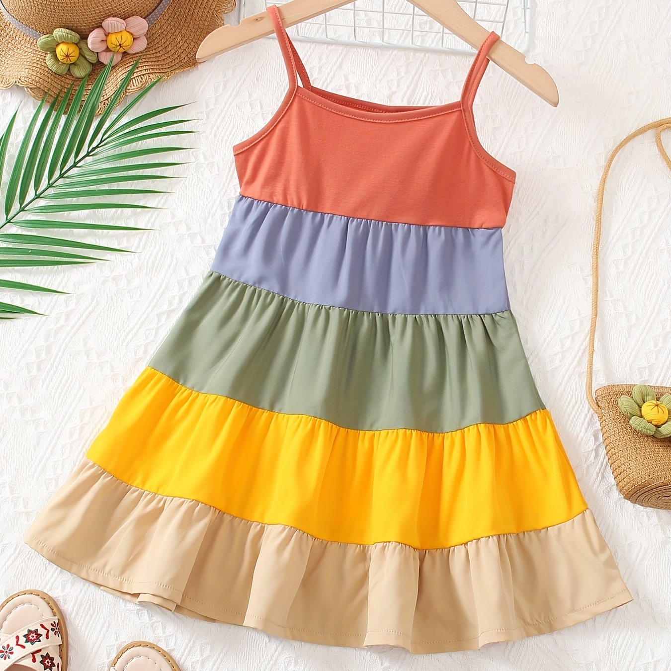 Girls' Spaghetti Strap Color-Blocked Rainbow Cake Dress - Perfect for Outdoor Occasions.