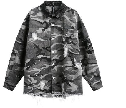 American Retro Loose Heavy Industry Distressed Camouflage Long Sleeve Shirt