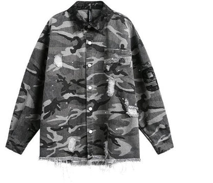 American Retro Loose Heavy Industry Distressed Camouflage Long Sleeve Shirt