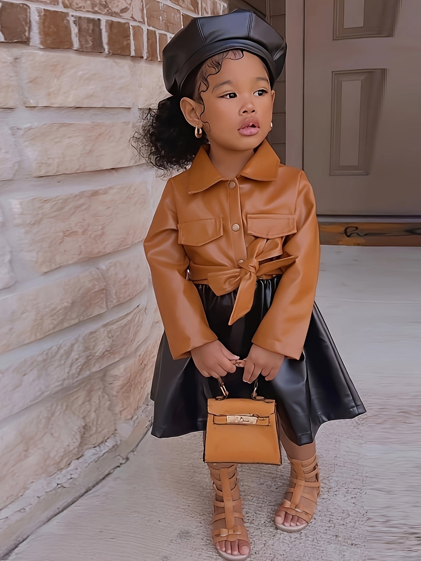 Vibrant Color Block PU Leather Dress for Girls - Stylish Button Lapel Design, Adjustable Belt, and Comfortable Fit for Kids' Everyday Wear