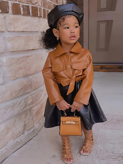 Vibrant Color Block PU Leather Dress for Girls - Stylish Button Lapel Design, Adjustable Belt, and Comfortable Fit for Kids' Everyday Wear
