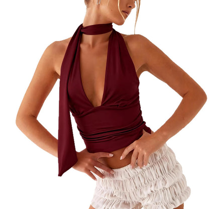 Deep V-neck Ruched Slim-fit Backless Short Womens Top