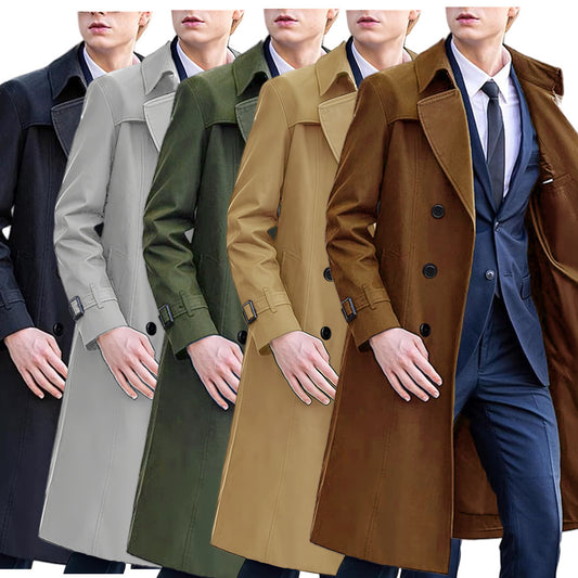 Premium Men's Long Trench Coat - Classic Solid Color Overcoat