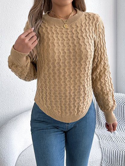 Women Casual Solid Color Cable Knit Lantern Sleeve Irregular Pullover Sweater