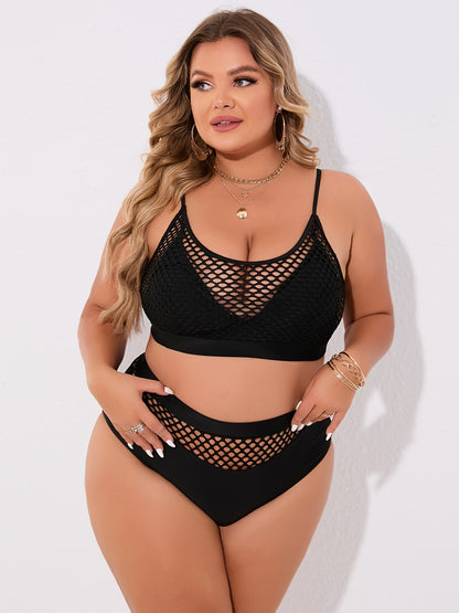 Plus Size Casual Bikini Set, Women's Plus Solid Contrast Fishnet Hollow Out High Stretch Crop Tank Top & Underwear Swimsuit Two Piece Set