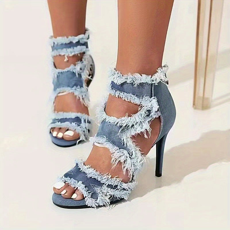 Women's Denim Cut-Out Stiletto Heels - Peep Toe High Heel Party Sandals with Back Zipper