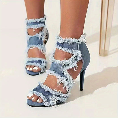 Women's Denim Cut-Out Stiletto Heels - Peep Toe High Heel Party Sandals with Back Zipper