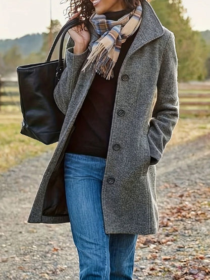 Women's Casual Tweed Coat - Solid Color Mid-Length H-Silhouette Button Front Long Sleeve