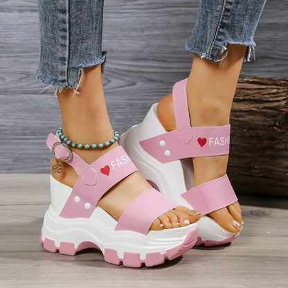 Women's Platform Wedge Sandals - Open Toe Ankle Strap Heels with Metal Buckle