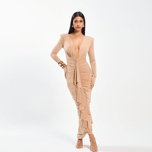 New Sexy Deep-V Pleated Design Elegant Figure-hugging Sheath Dress