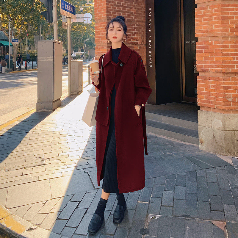 Mid-length Woolen Coat Over-the-knee Waist British Style Coat