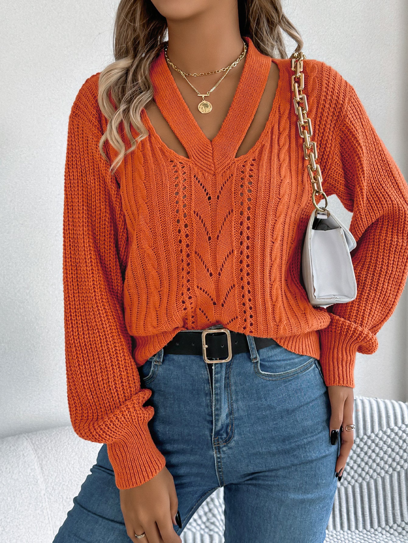 Women Casual Hollow Out V-Neck Cable Knit Lantern Sleeve Pullover Sweater