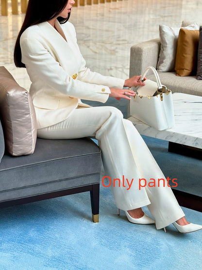 Solid Color Single-breasted Blazer & High-waisted Pants Set