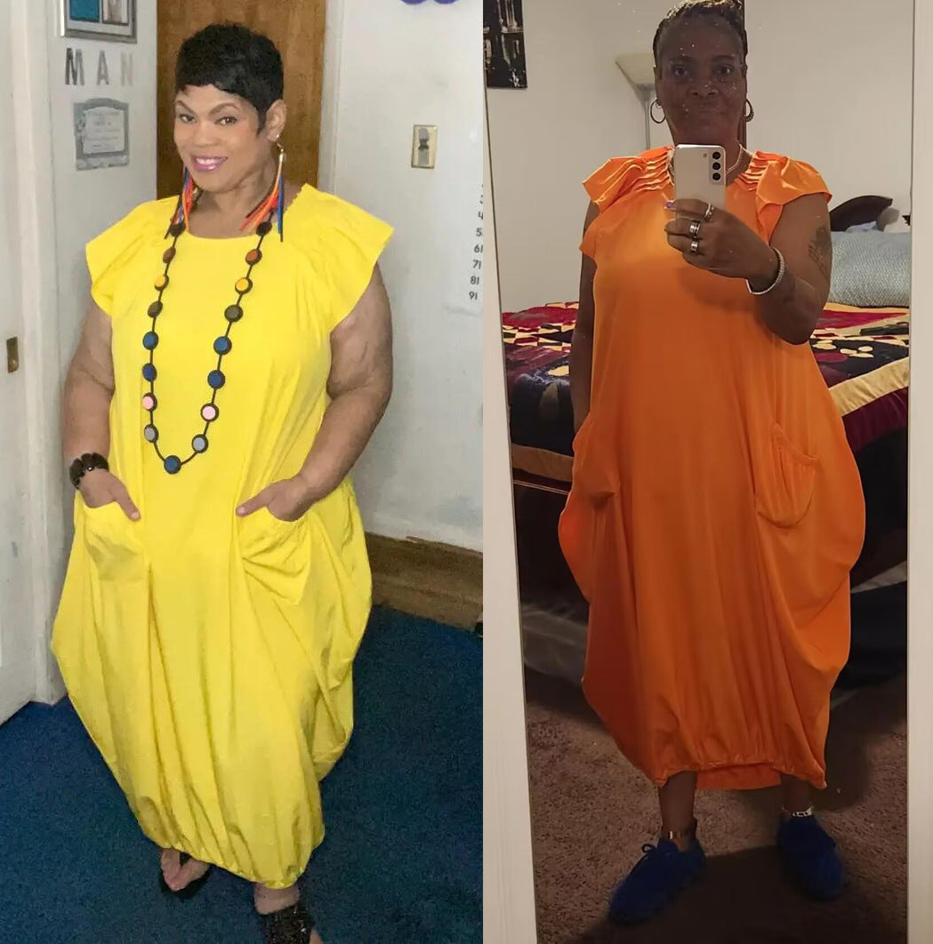 Women's Plus-Size Solid-Color Loose Dress With Two Pockets