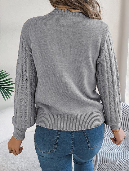 Women Casual Solid Color Hollow Out Lantern Sleeve Pullover Sweater
