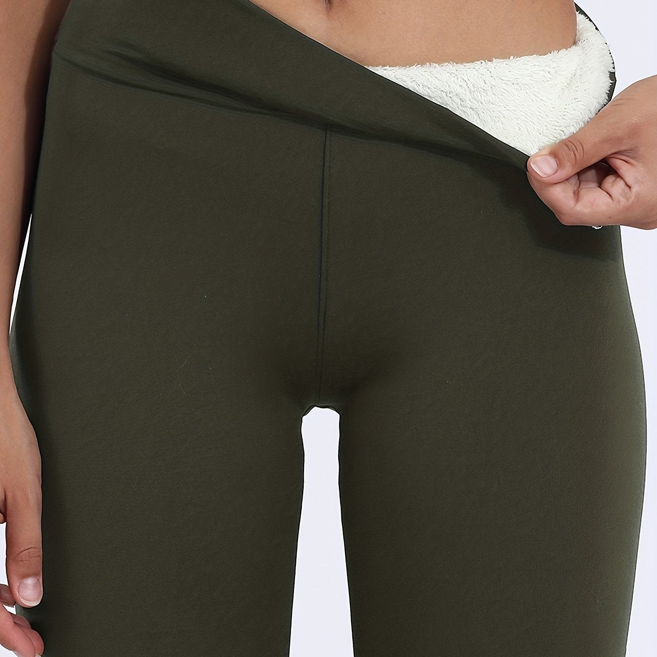 Cozy Fleece-Lined High-Waist Leggings for Women - Stretchy & Warm, Olive Green, Casual Style, Non-See-Through, Solid Color, Perfect for Winter, Machine Washable