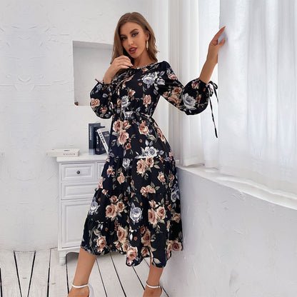Womens Crew-neck Long-sleeve Tie-dye Printed Dress