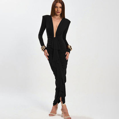 New Sexy Deep-V Pleated Design Elegant Figure-hugging Sheath Dress
