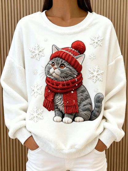 3D Digital Printed Flannel Christmas Women's Crew-Neck Sweater