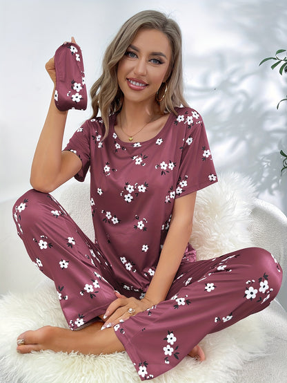 Women's Floral Print Pajama Set - Comfortable Short Sleeve Tee Top and Pants for Sleep and Lounging