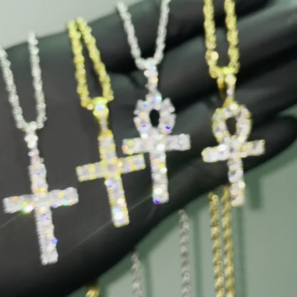 Hip-Hop-Kreuz-Anhänger aus Kupfer mit 4 mm Zirkonia, 14 Karat vergoldet